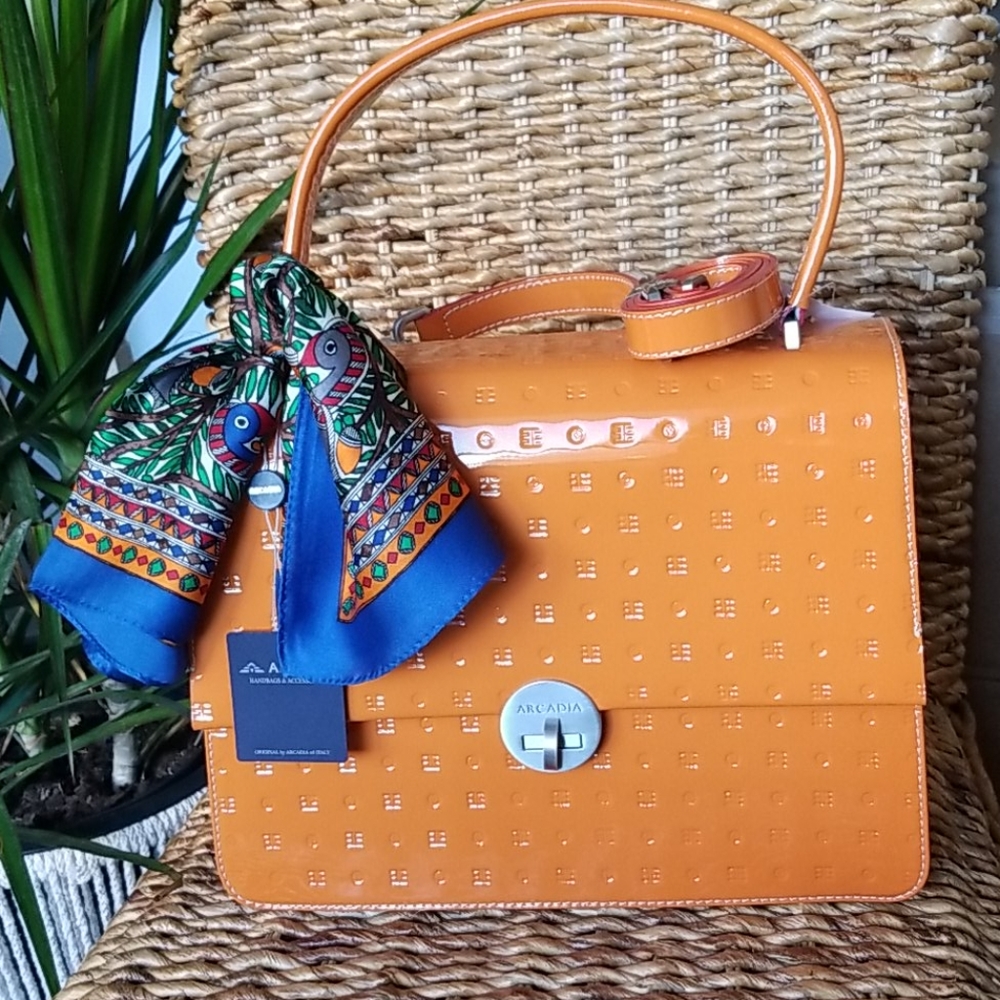 Arcadia Patent Leather Top Handle Satchel, Carota